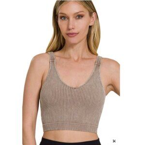 Zenana Washed Cropped Bra Padded Tank Top, Mocha | Size L/XL